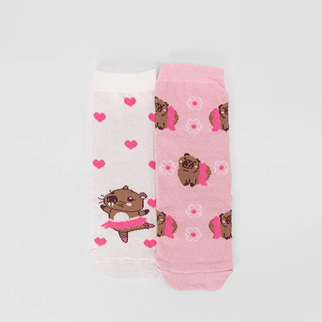 Kit Meia Infantil STZ Cano Médio Capivara Bailarina 2 Pares 22-25 Rosa & Off White