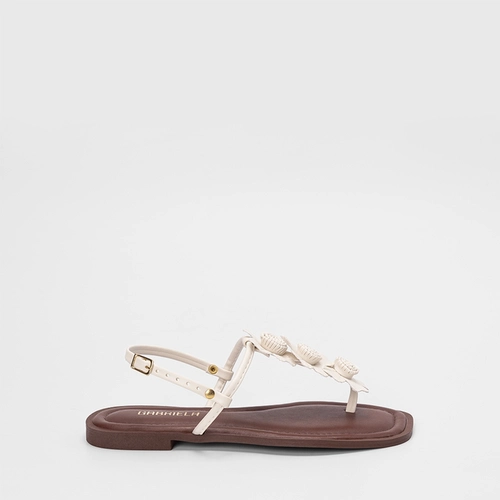 Sandália Rasteira Feminina Gabriela Detalhes 3 Flores Off White & Marrom
