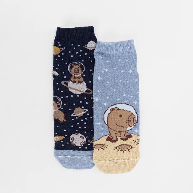 Kit Meia Infantil STZ Cano Médio Capivara Astronauta 2 Pares 22-25 Azul