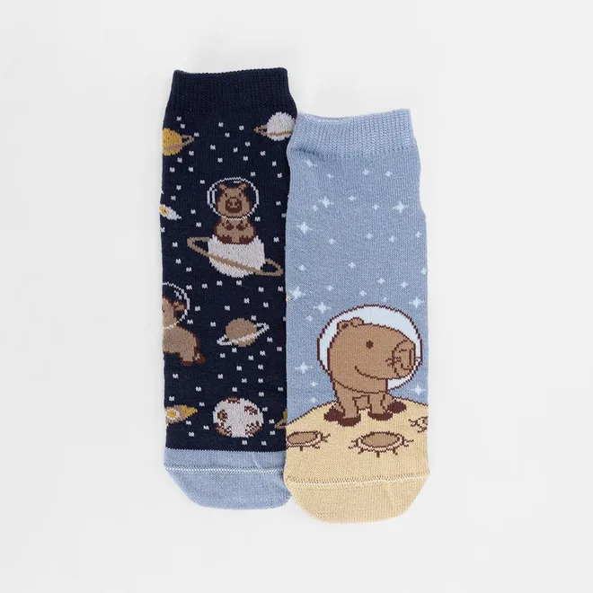 Kit Meia Infantil STZ Cano Médio Capivara Astronauta 2 Pares 30-33 Azul