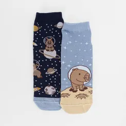 Kit Meia Infantil STZ Cano Médio Capivara Astronauta 2 Pares 26-29 Azul