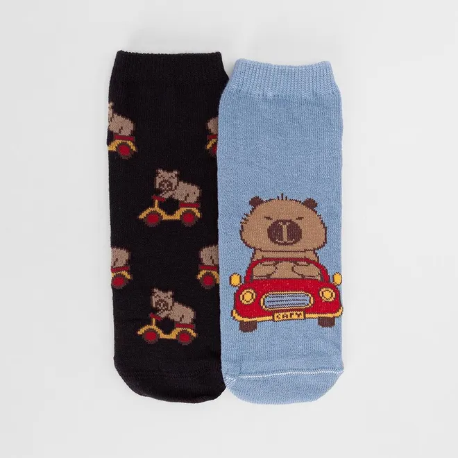 Kit Meia Infantil STZ Cano Médio Capivara 2 Pares 7-10 Anos 30-33 Azul
