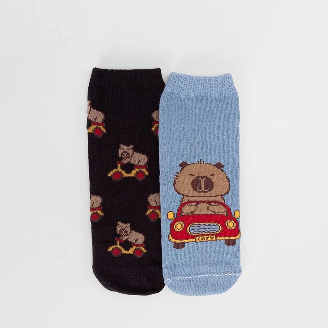 Kit Meia Infantil STZ Cano Médio Capivara 2 Pares 4-6  Anos 26-29 Azul