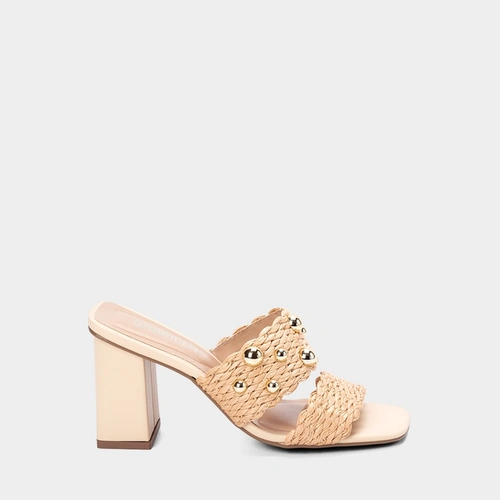 Tamanco Salto Geométrico Alto Feminino Gabriela Ráfia Tachas Arredondadas Nude