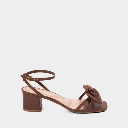 Sandália Salto Médio Bloco Gabriela Flor Marrom