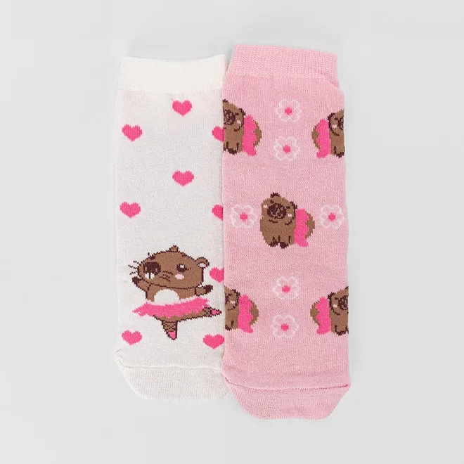Kit Meia Infantil STZ Cano Médio Capivara Bailarina 2 Pares 26-29 Rosa & Off White