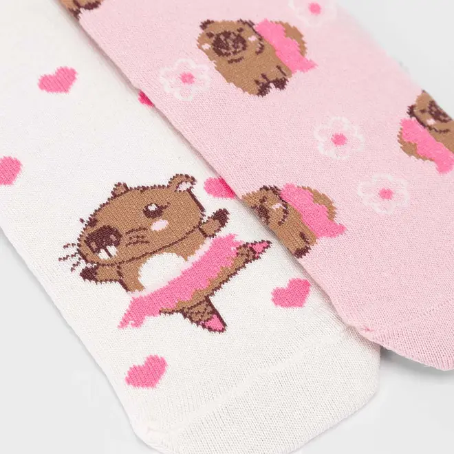 Kit Meia Infantil STZ Cano Médio Capivara Bailarina 2 Pares 30-33 Rosa & Off White