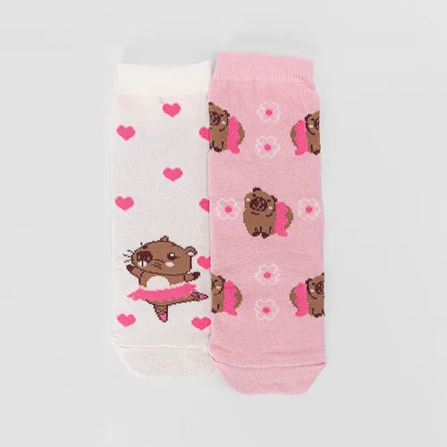 Kit Meia Infantil STZ Cano Médio Capivara Bailarina 2 Pares 30-33 Rosa & Off White