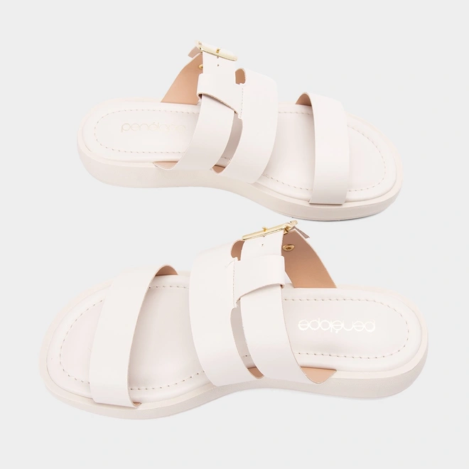 Tamanco Feminino Papete Penélope Tira Dupla Fivela Estilizada Off White