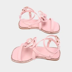 Sandália Rasteira Infantil Gabrielinha Detalhe Flor & Strass Rosa