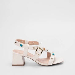 Sandália Salto Médio Geométrico Gabriela Detalhes Em Pedraria Off White