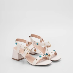 Sandália Salto Médio Geométrico Gabriela Detalhes Em Pedraria Off White
