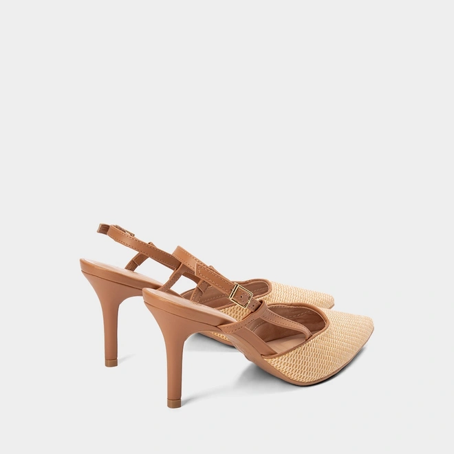Scarpin Slingback Gabriela Salto Alto Fino Ráfia Bege & Caramelo