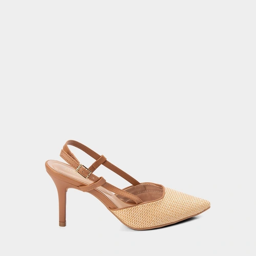 Scarpin Slingback Gabriela Salto Alto Fino Ráfia Bege & Marrom