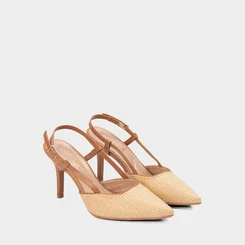 Scarpin Slingback Gabriela Salto Alto Fino Ráfia Bege & Caramelo