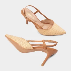 Scarpin Slingback Gabriela Salto Alto Fino Ráfia Bege & Caramelo