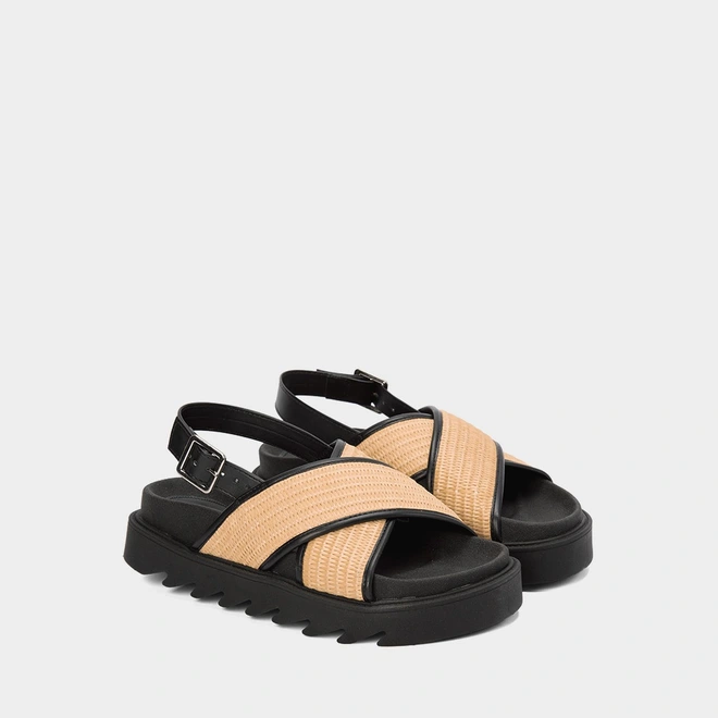 Sandália Flatform Média Gabriela Tiras Cruzadas Em Ráfia Preto