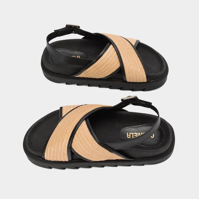 Sandália Flatform Média Gabriela Tiras Cruzadas Em Ráfia Preto