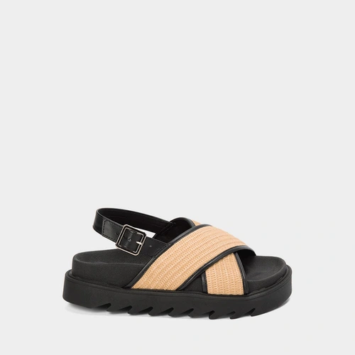Sandália Flatform Média Gabriela Tiras Cruzadas Em Ráfia Preto