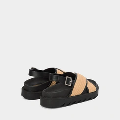 Sandália Flatform Média Gabriela Tiras Cruzadas Em Ráfia Preto