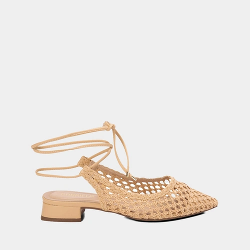 Sapatilha Salto Baixo Geométrico Gabriela Tiras Amarração Ráfia Bege