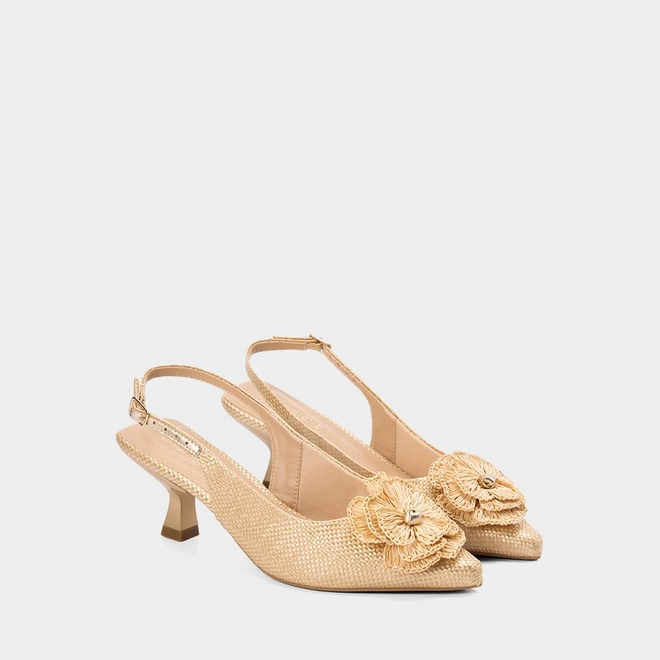 Scarpin Slingback Gabriela Salto Taça Flor Ráfia Bege