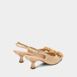 Scarpin Slingback Gabriela Salto Taça Flor Ráfia Bege
