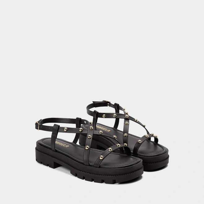 Sandália Papete Gabriela Flatform Rebites Preto