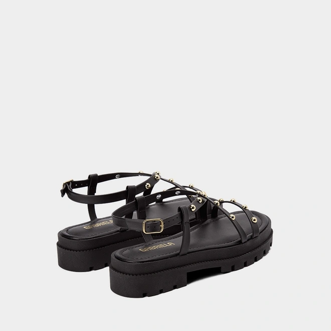 Sandália Papete Gabriela Flatform Rebites Preto