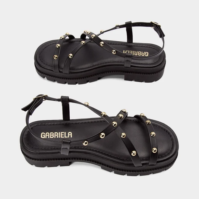 Sandália Papete Gabriela Flatform Rebites Preto