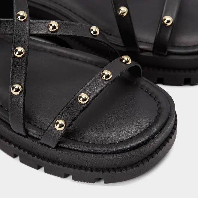 Sandália Papete Gabriela Flatform Rebites Preto