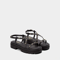 Sandália Papete Gabriela Flatform Rebites Preto