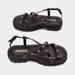 Sandália Papete Gabriela Flatform Rebites Preto