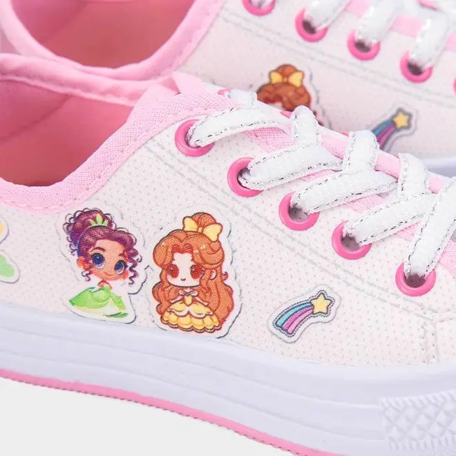 Tênis Casual Infantil Gabrielinha Princesas Recorte Metalizado Off White & Rosa