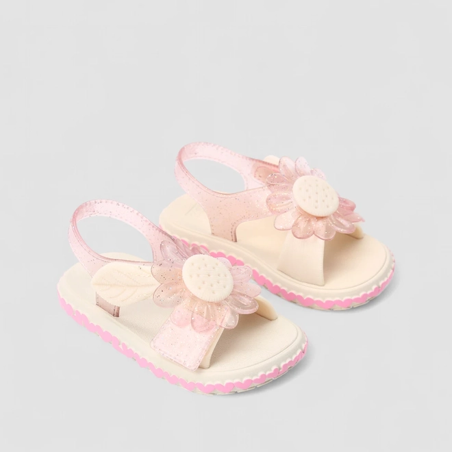 Sandália Infantil Zaxy Tira Contato Glitter Detalhe Flor & Corações Off White