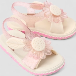 Sandália Infantil Zaxy Tira Contato Glitter Detalhe Flor & Corações Off White
