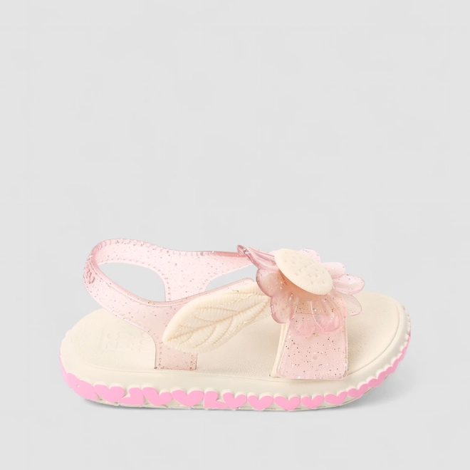 Sandália Infantil Zaxy Tira Contato Glitter Detalhe Flor & Corações Off White