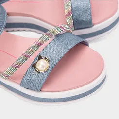 Sandália Infantil Molekinha Flatform Gatinho Pérola Tira Em Strass Azul