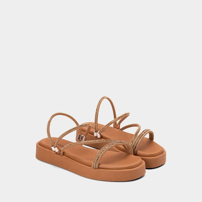 Tamanco Feminino Penélope Flatform Tiras Strass Caramelo