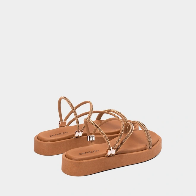Tamanco Feminino Penélope Flatform Tiras Strass Caramelo