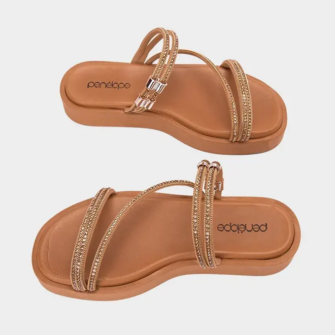 Tamanco Feminino Penélope Flatform Tiras Strass Caramelo