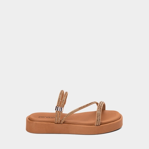 Tamanco Feminino Penélope Flatform Tiras Strass Caramelo