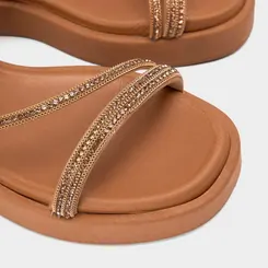 Tamanco Feminino Penélope Flatform Tiras Strass Caramelo