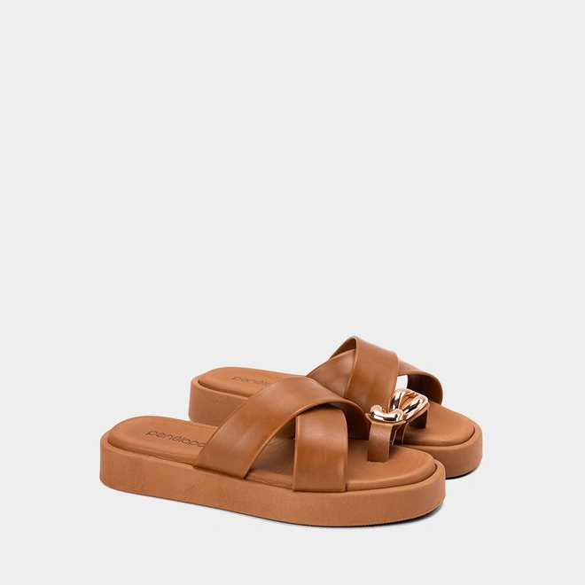 Tamanco Flatform Penélope Tiras Cruzadas Enfeite Bold Caramelo