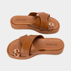 Tamanco Flatform Penélope Tiras Cruzadas Enfeite Bold Caramelo