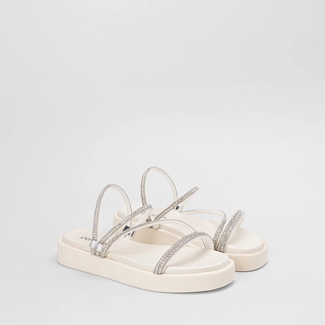 Tamanco Feminino Penélope Flatform Tiras Strass Off White