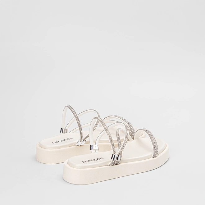 Tamanco Feminino Penélope Flatform Tiras Strass Off White