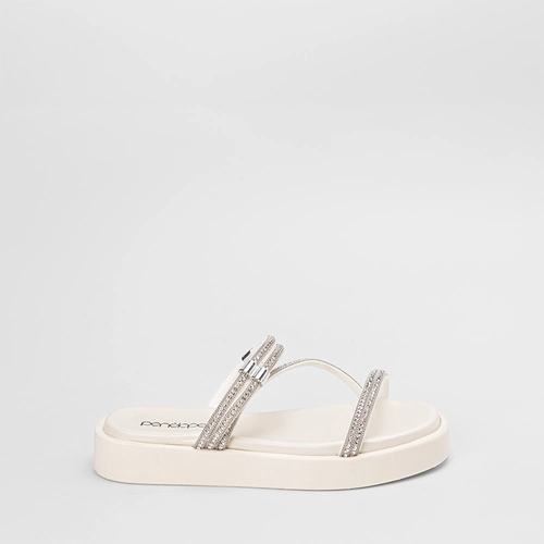 Tamanco Feminino Penélope Flatform Tiras Strass Off White