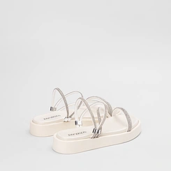 Tamanco Feminino Penélope Flatform Tiras Strass Off White