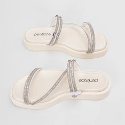 Tamanco Feminino Penélope Flatform Tiras Strass Off White